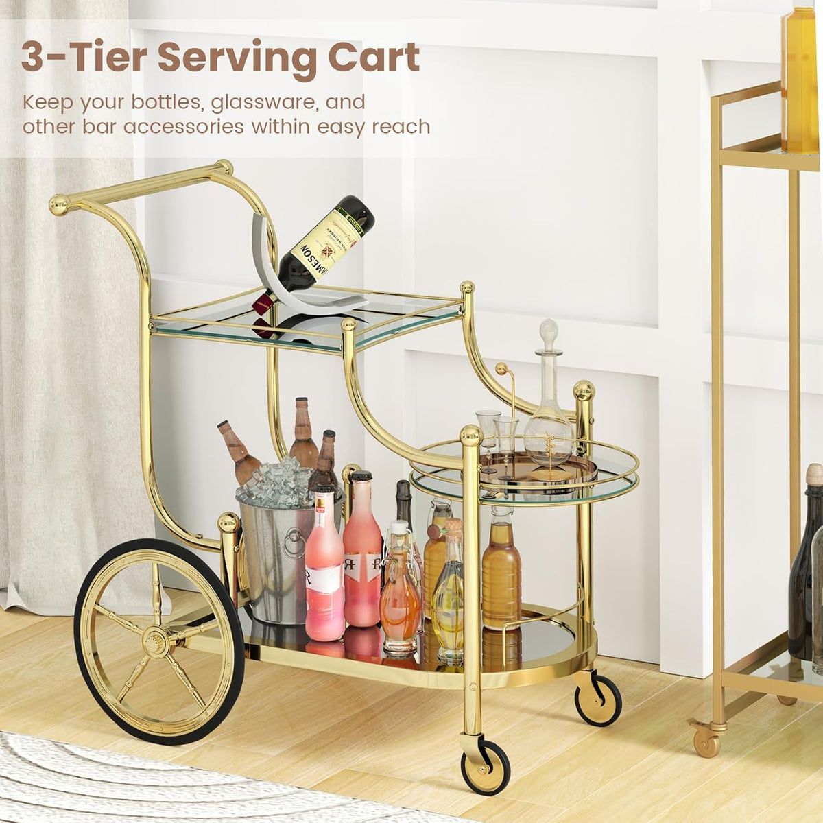 Gold 3-tier serving cart full scene front-left view with bottles and an ice bucket on the mirrored bottom shelf