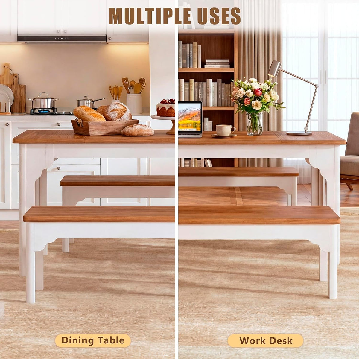 Rectangular farmhouse table with brown wood top and white base, two matching benches in a kitchen and office split scene.