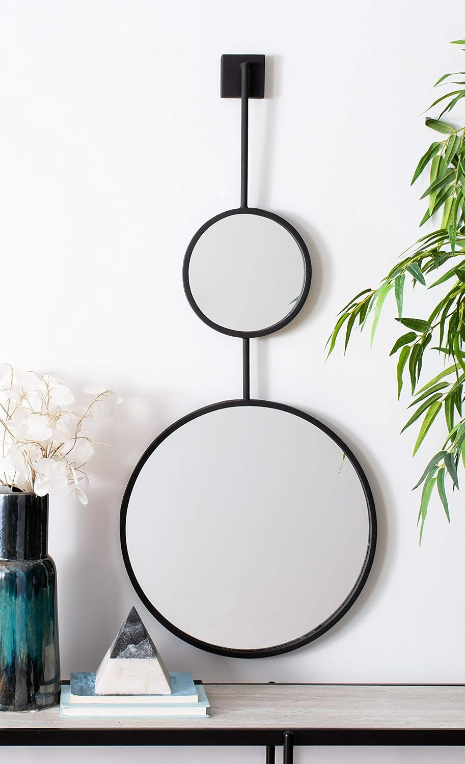 Double-round matte black mirror hung above a slim console with plants and decorative objects, front view.