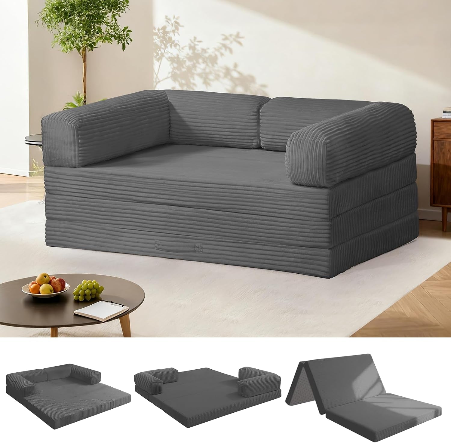 Dark grey tri-fold mattress arranged as a sofa with armrests; three small thumbnails show other fold configurations.