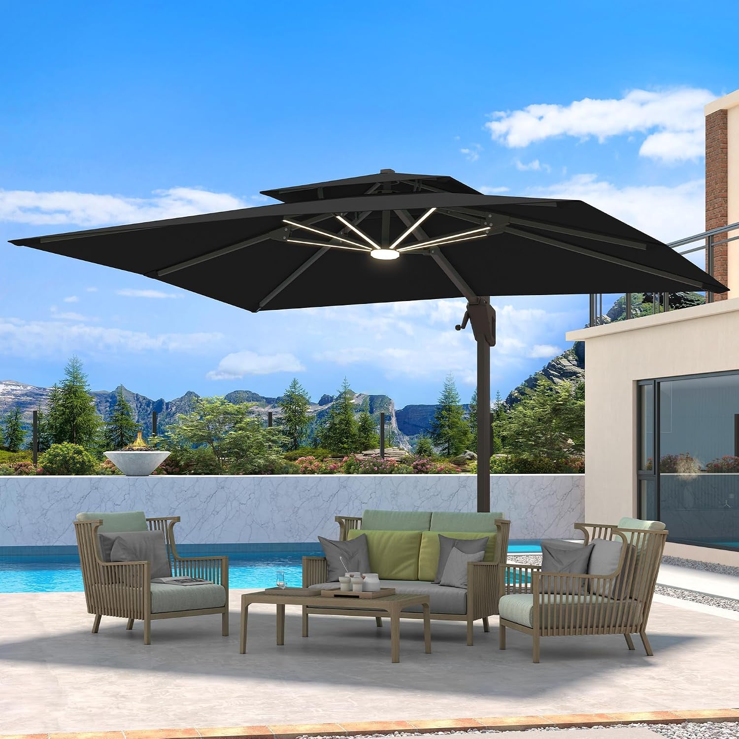 Outdoor seating grouped beneath a black cantilever umbrella with central LED light.