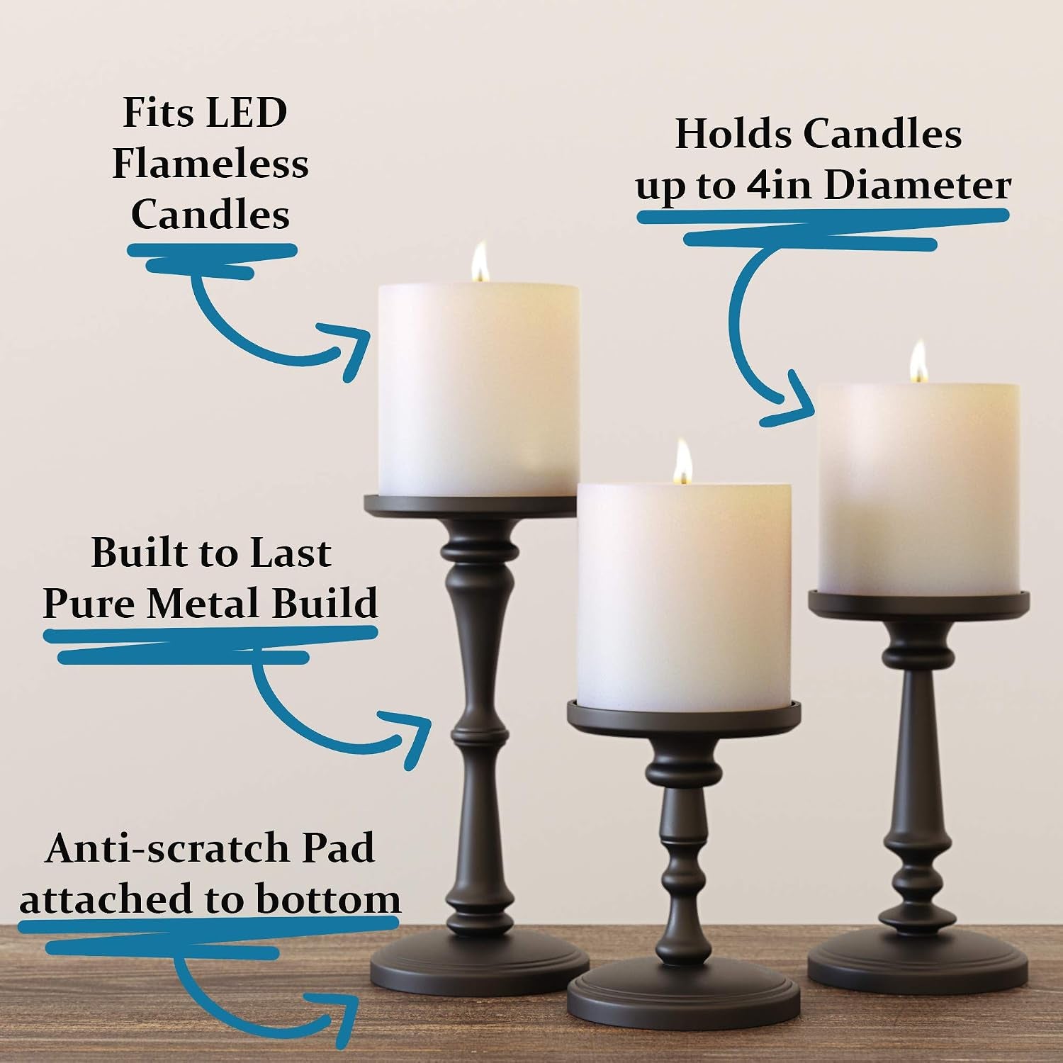 Three matte black metal candle holders with feature callouts showing LED compatibility and 4-inch top trays