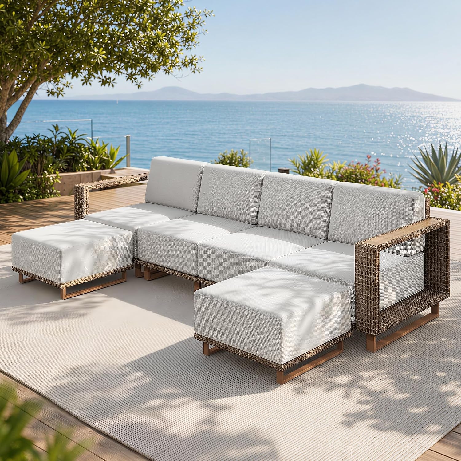 8pcs Outdoor Sectional, Patio Furniture with 10" Thick Cushions, Beige | Yellow Rattan Wicker Sofa with, gallery view 22
