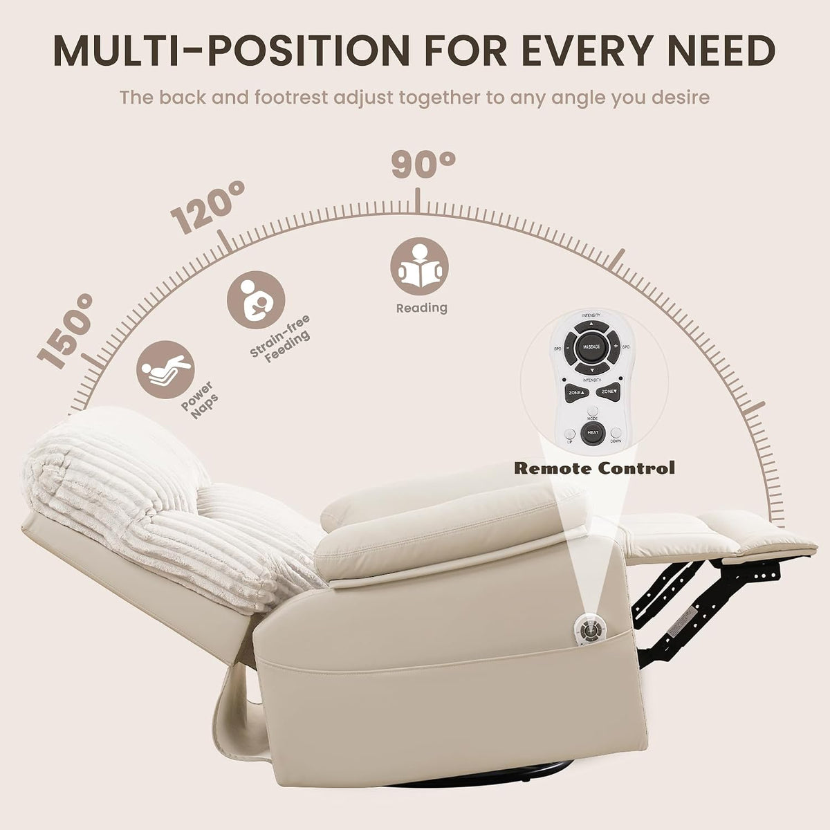 Recliner side view tilted back showing multi-position arc graphic and inset image of the round remote control