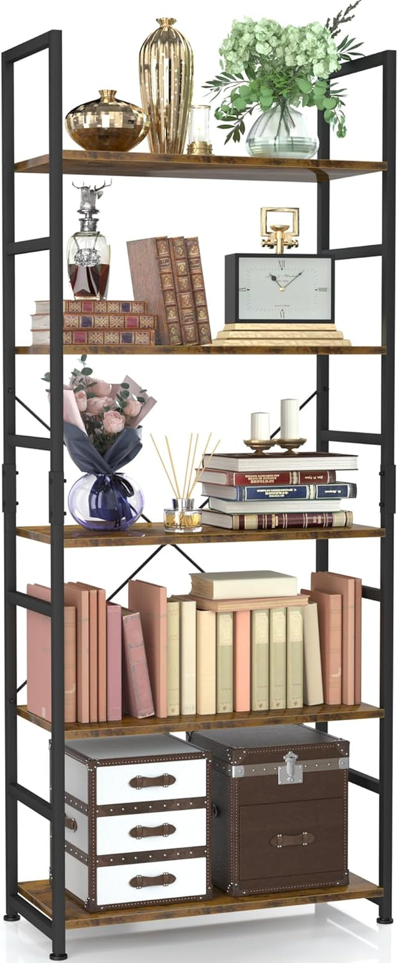 Five-tier open bookcase with black metal frame and wood-tone shelves, front view styled with decorative items.