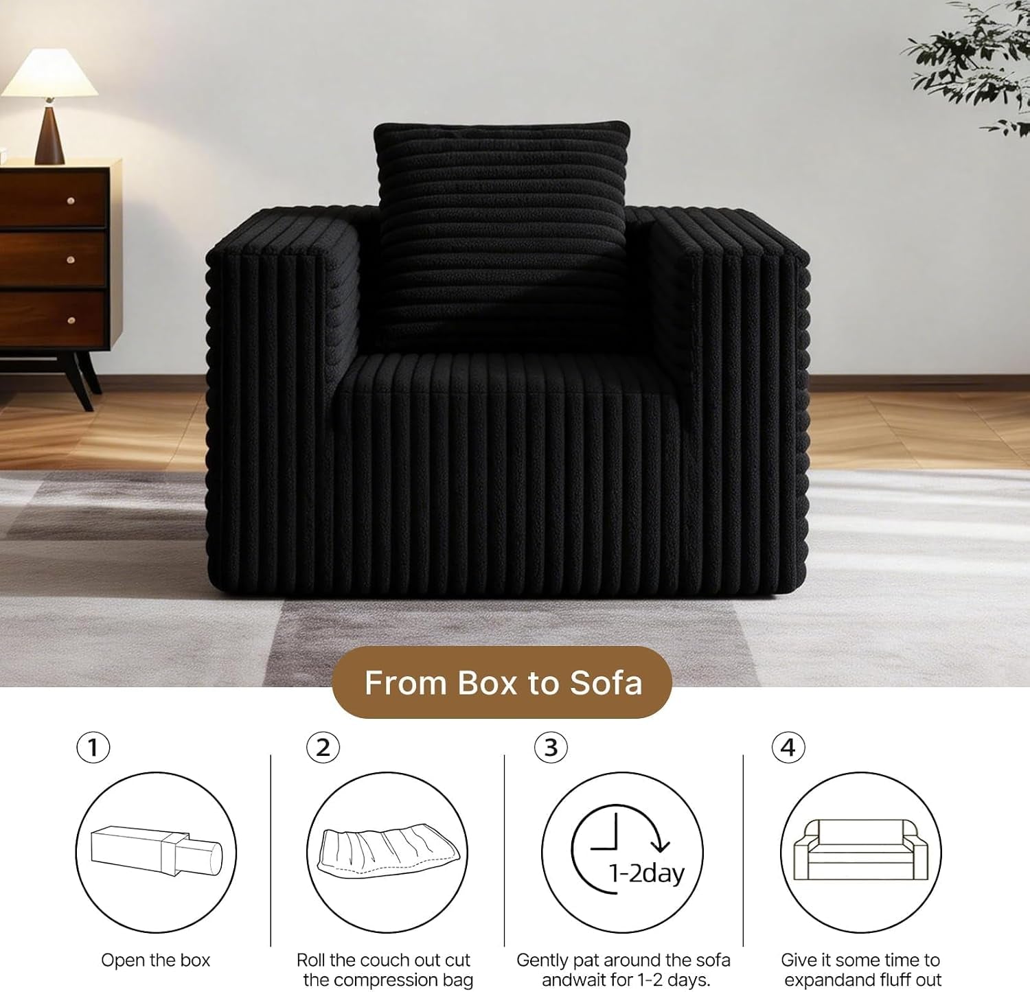 Front-facing view of the black corduroy floor chair with a cushion, shown above a diagram of unpacking steps