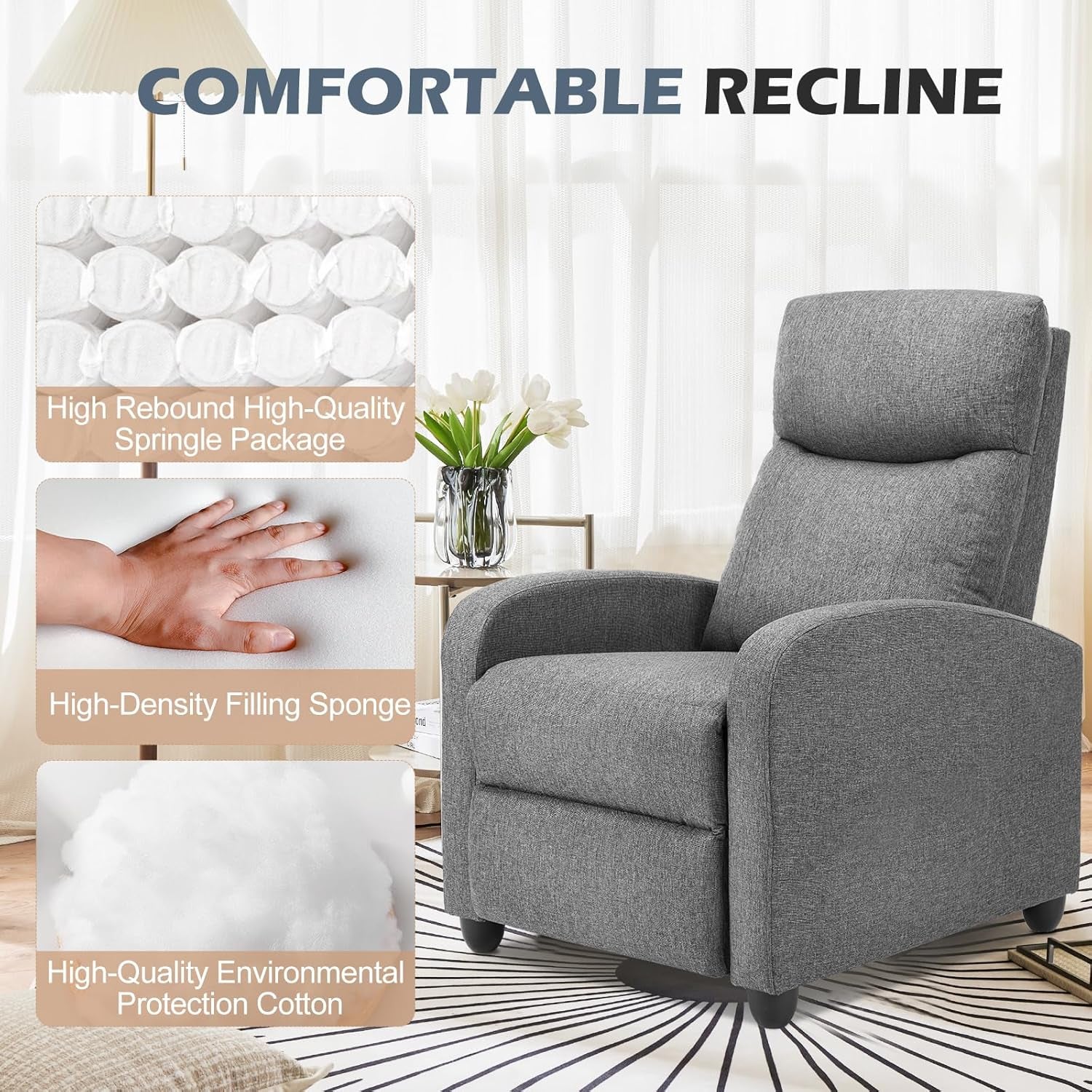 Grey fabric recliner front view with callouts for high-density sponge, spring support and cushioning materials