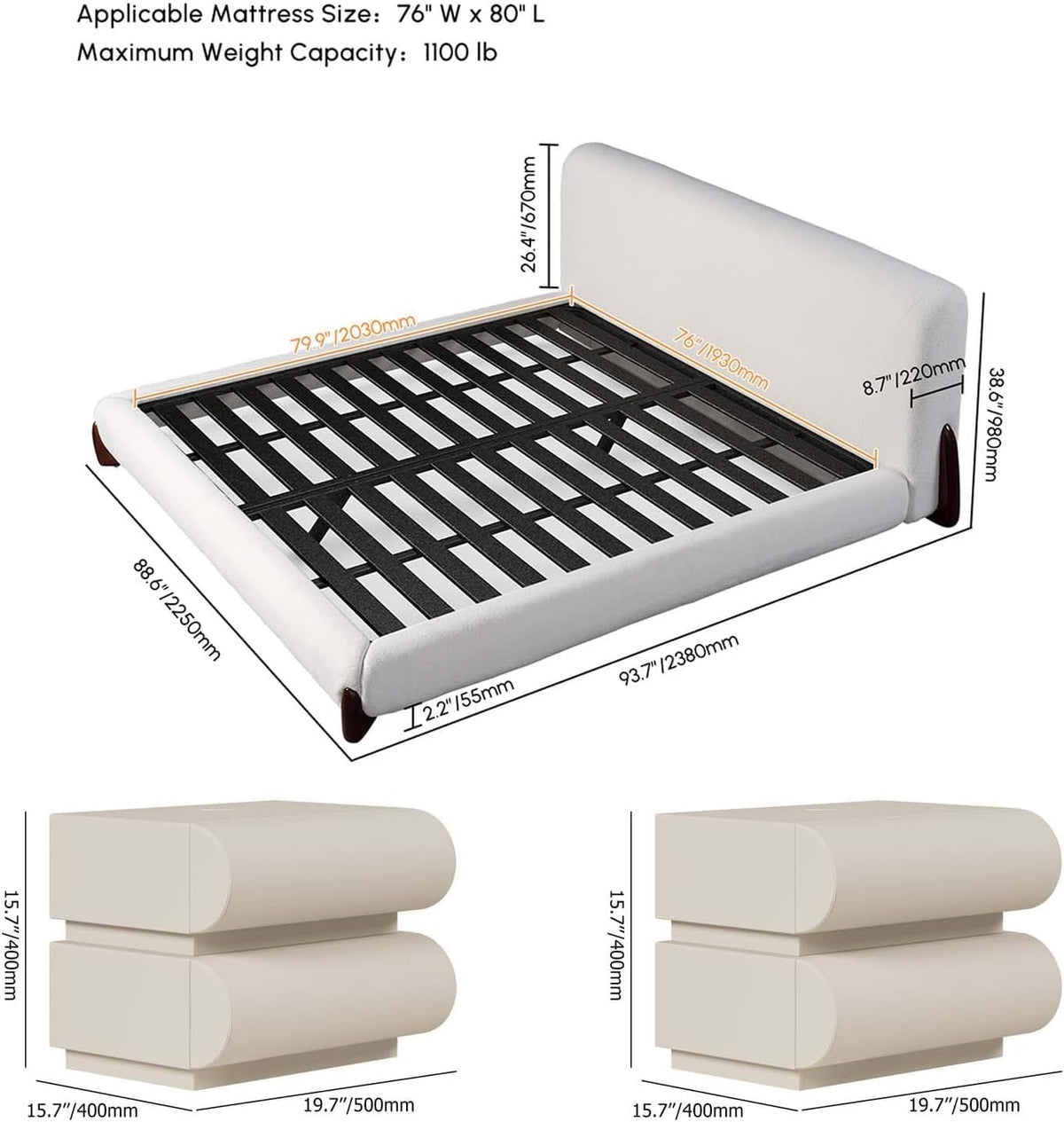 Diagram showing bed slat layout and measurements with two nightstand dimension callouts