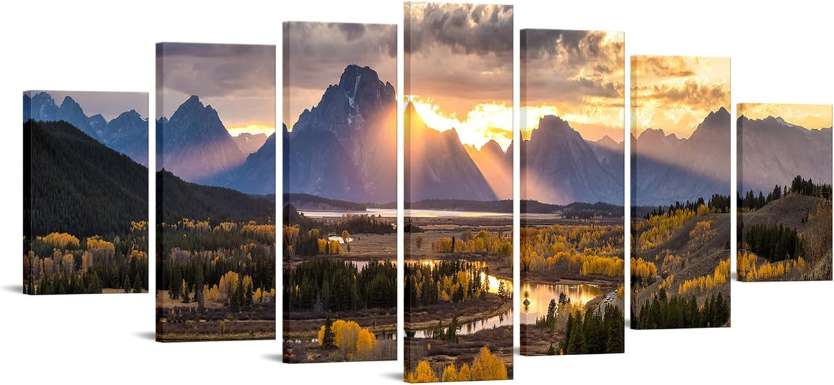 Seven-piece canvas wall art showing Grand Teton autumn panorama, angled front view on a white background