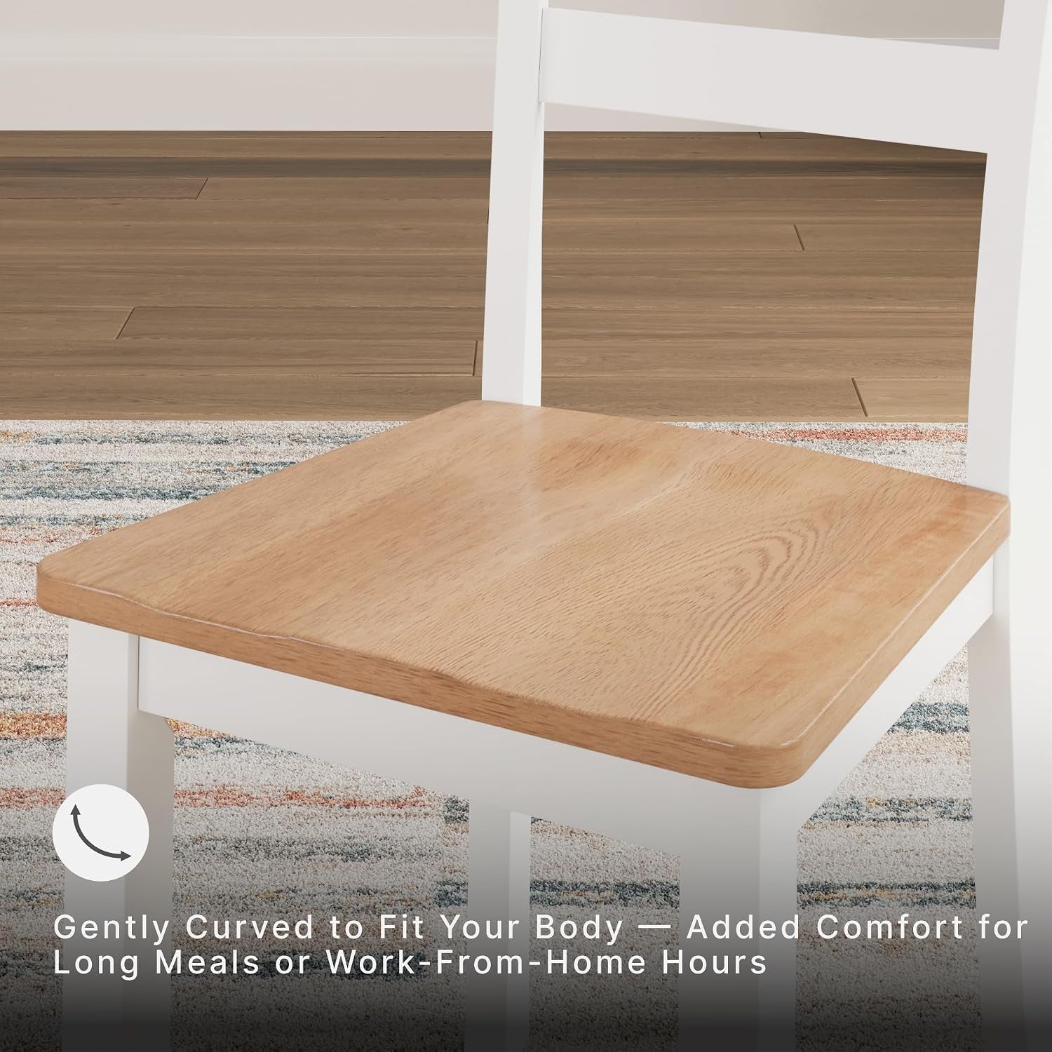 Close-up of contoured mango veneer chair seat with white painted frame showing wood grain, rounded edges and finish