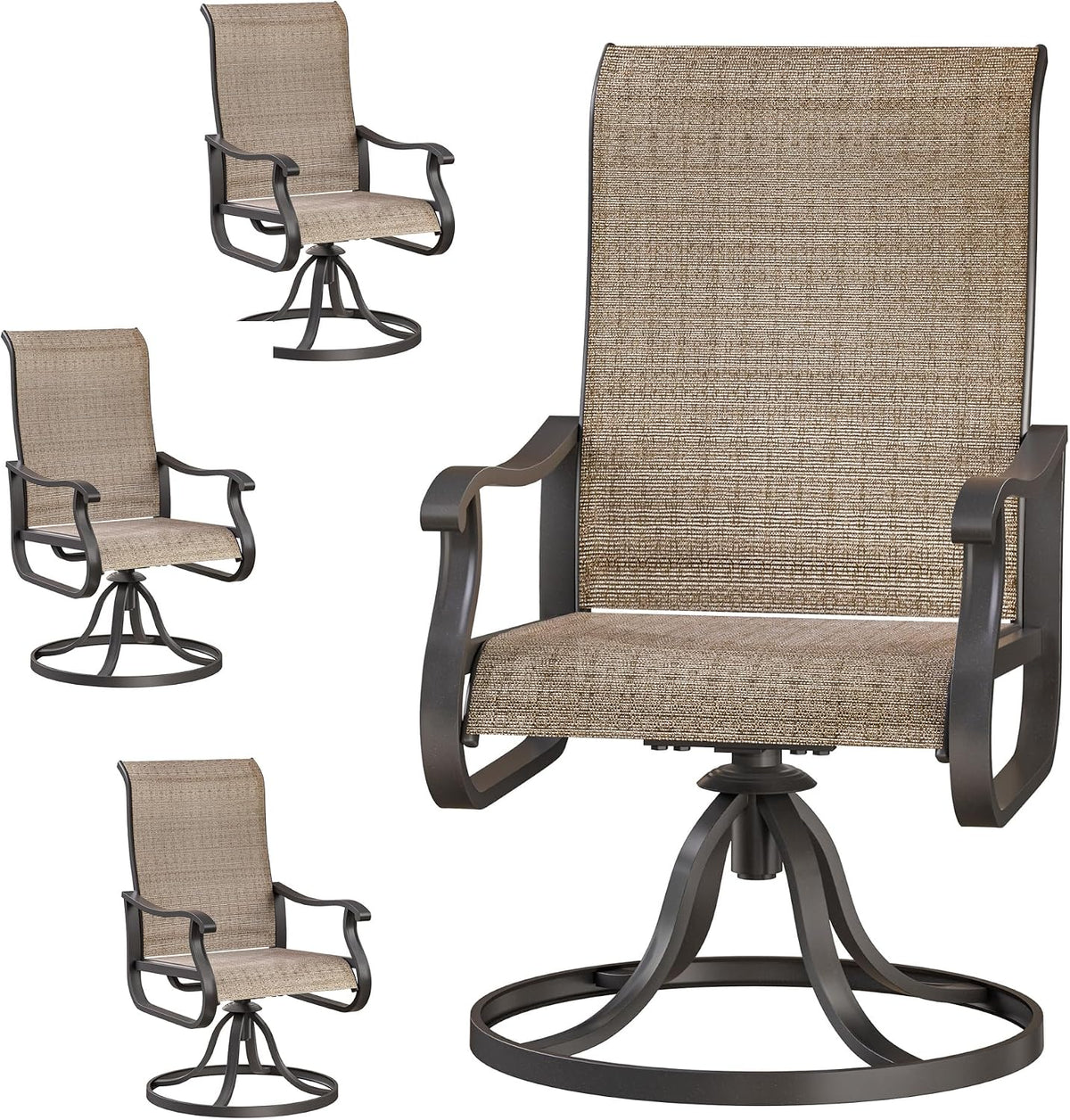 Large brown high-back swivel rocking chair with smaller front and side views on white background.