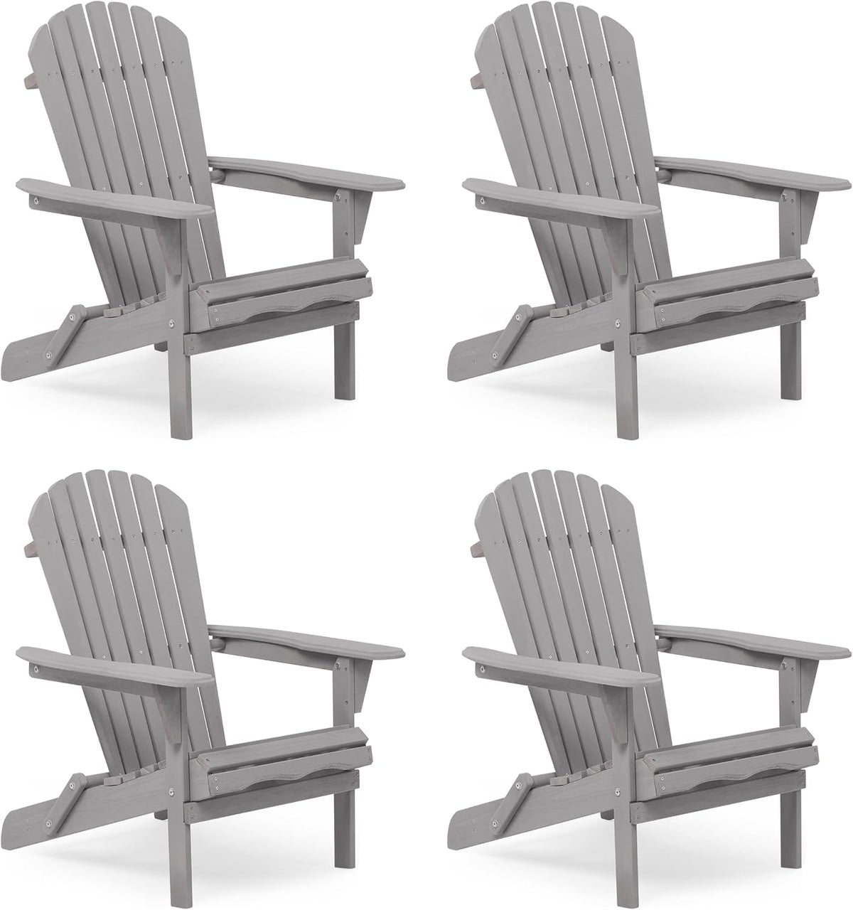 Four gray Adirondack chairs displayed in a two-by-two grid, each shown from a three-quarter angle