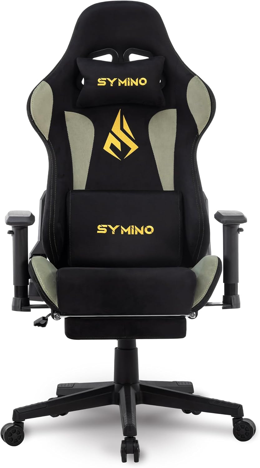 Front view of a bucket-style gaming chair in black with olive inserts, lumbar pillow and head cushion.