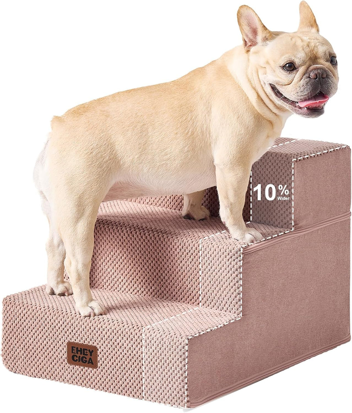 French bulldog standing on dusty-pink four-step foam stairs shown from the side with dashed cutaway