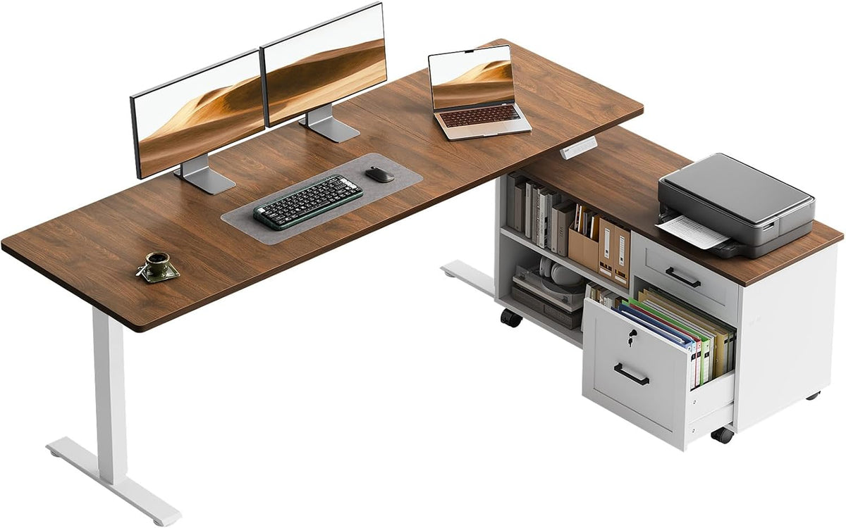 Walnut desktop with white legs and white L-shaped cabinet showing drawers and shelves on casters.