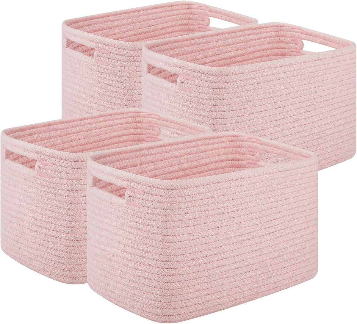 Four light pink woven rope baskets shown grouped, interior and built-in side handles visible