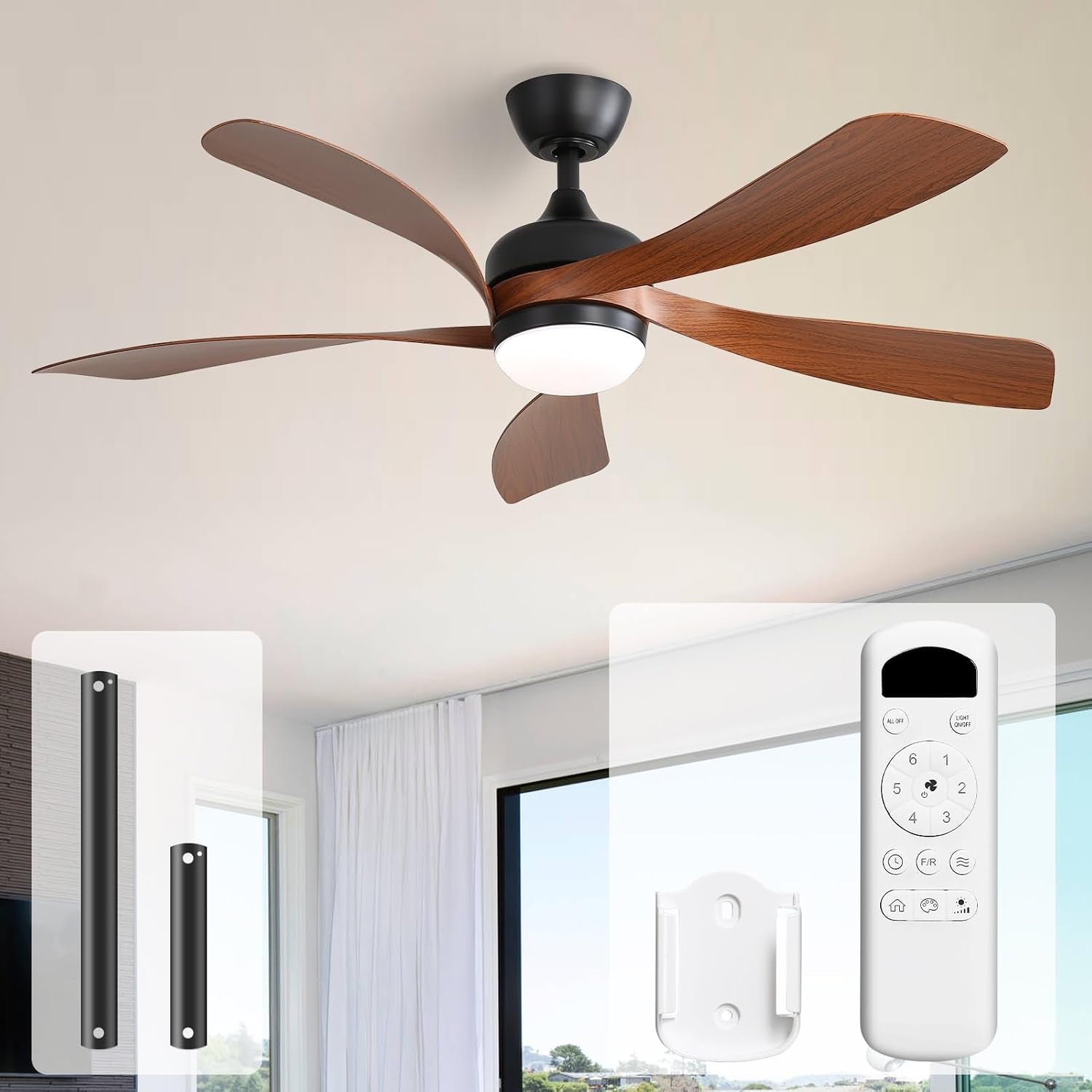 Ceiling fan shown with remote control, wall-mount bracket and two metal downrods displayed against a neutral ceiling