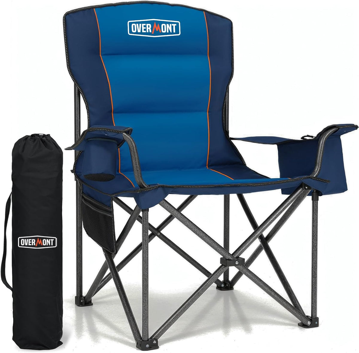 Front view of a padded blue folding camping chair with cup holder and a black carry bag standing beside it.