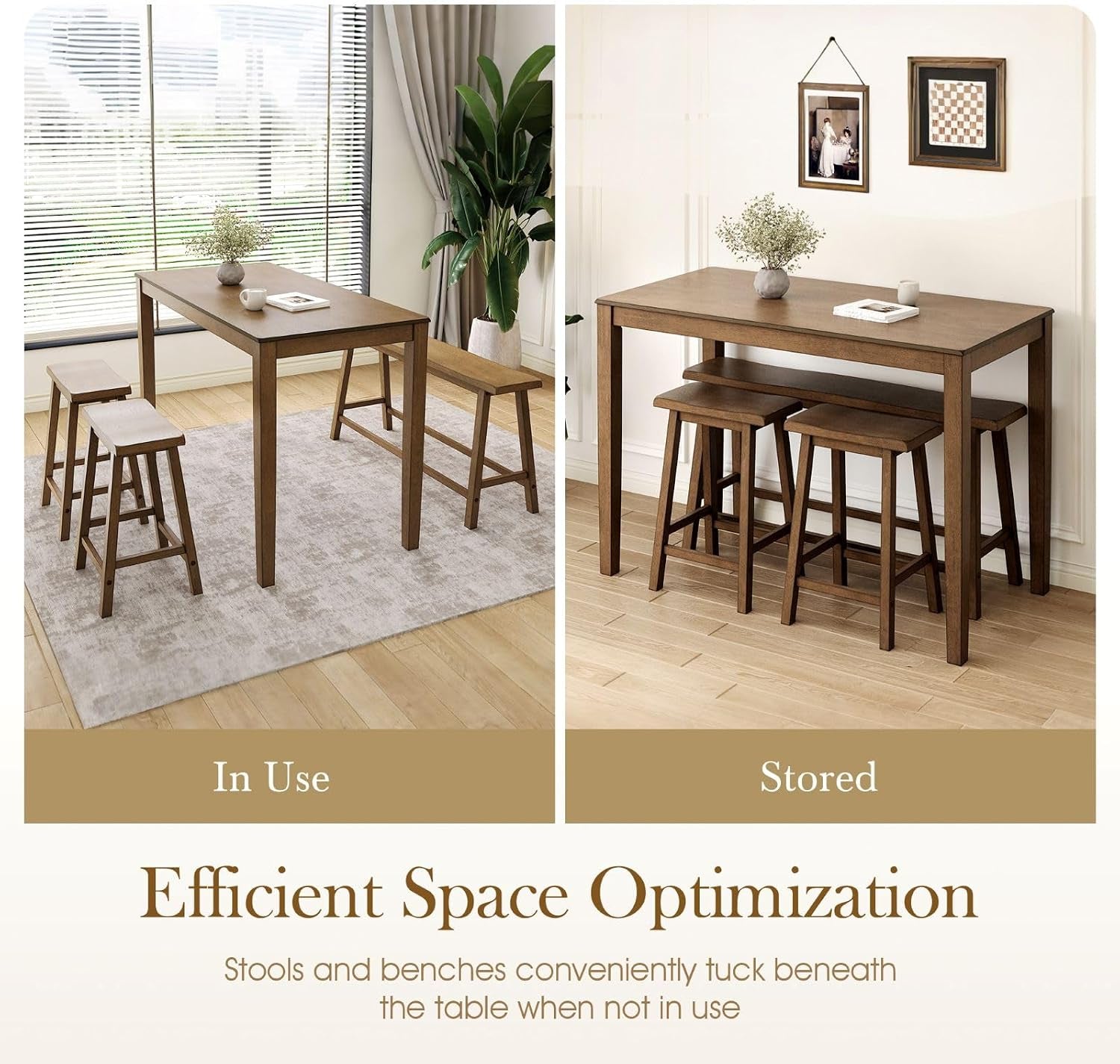 Two-panel image showing the table with stools and bench out for use on the left and stools tucked under the table on the