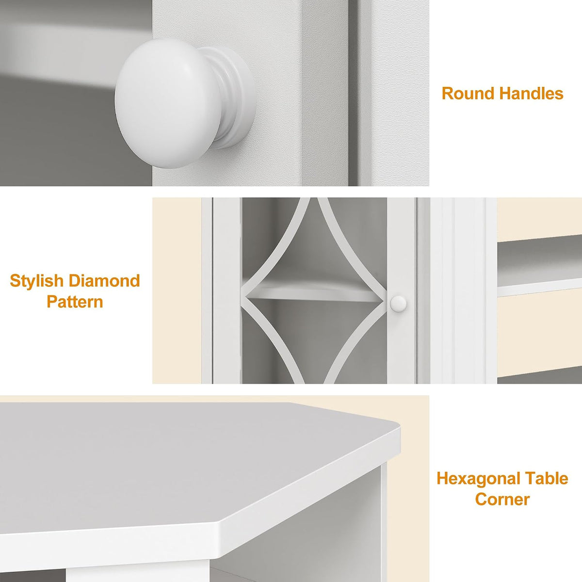Detail collage of round white knob, diamond-pattern door trim and hexagonal top corner on the white console