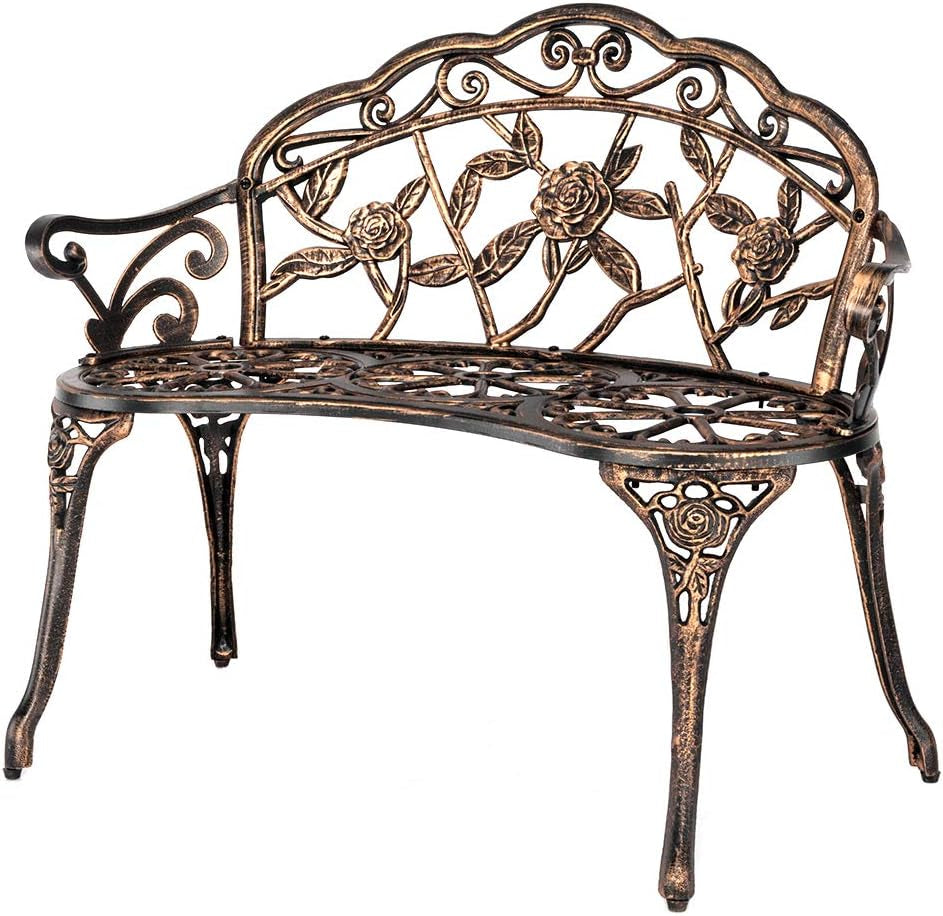 Bronze decorative garden bench shown against a plain white background