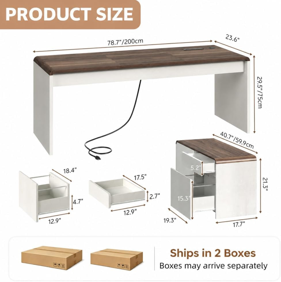 Rendered diagram of the long walnut-top desk with cable and separate cabinet, with measurement callouts.