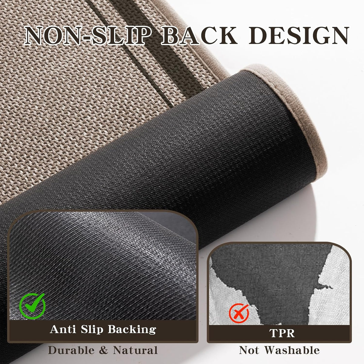 Rolled rug edge revealing black rubber non-slip backing and cloth sewn border, angled detail view with backing comparison inl