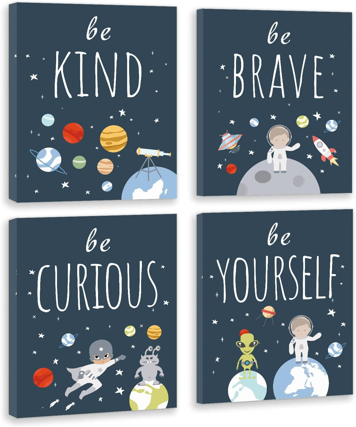 Four dark-blue space-themed canvases with playful planets, astronauts and short motivational words, shown in a two-by-two