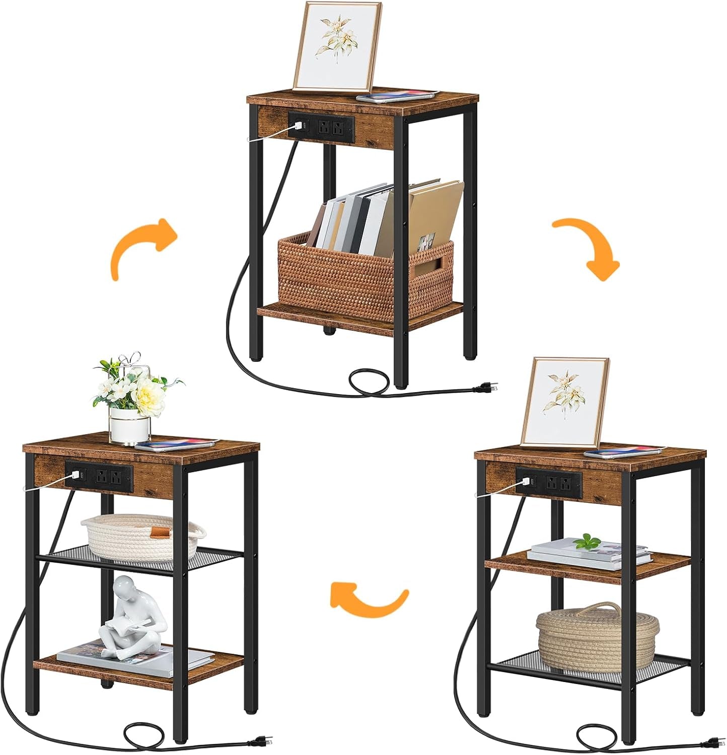 Three views of the same side table styled with baskets and decor, arrows showing placement options