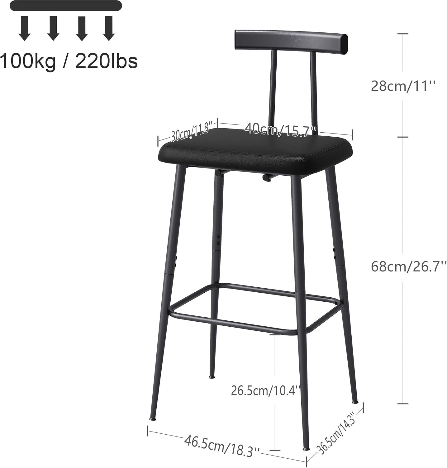 Single black counter stool with dimension callouts and weight-capacity icon on a white background