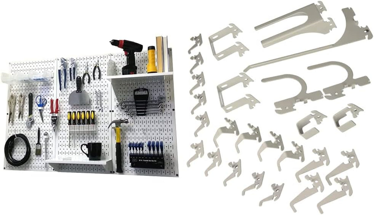 White pegboard mounted with tools at left and an array of metal pegboard hooks and brackets arranged on the right.