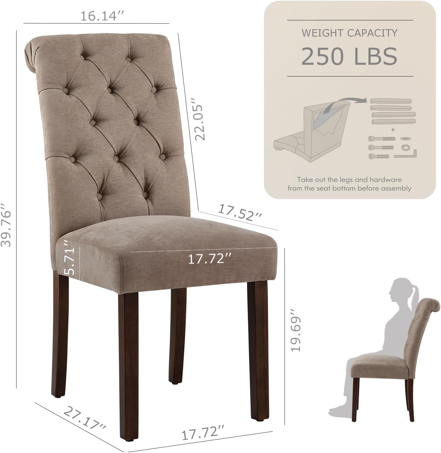 Single taupe tufted Parsons chair shown with overlaid dimension graphics and seat profile illustration