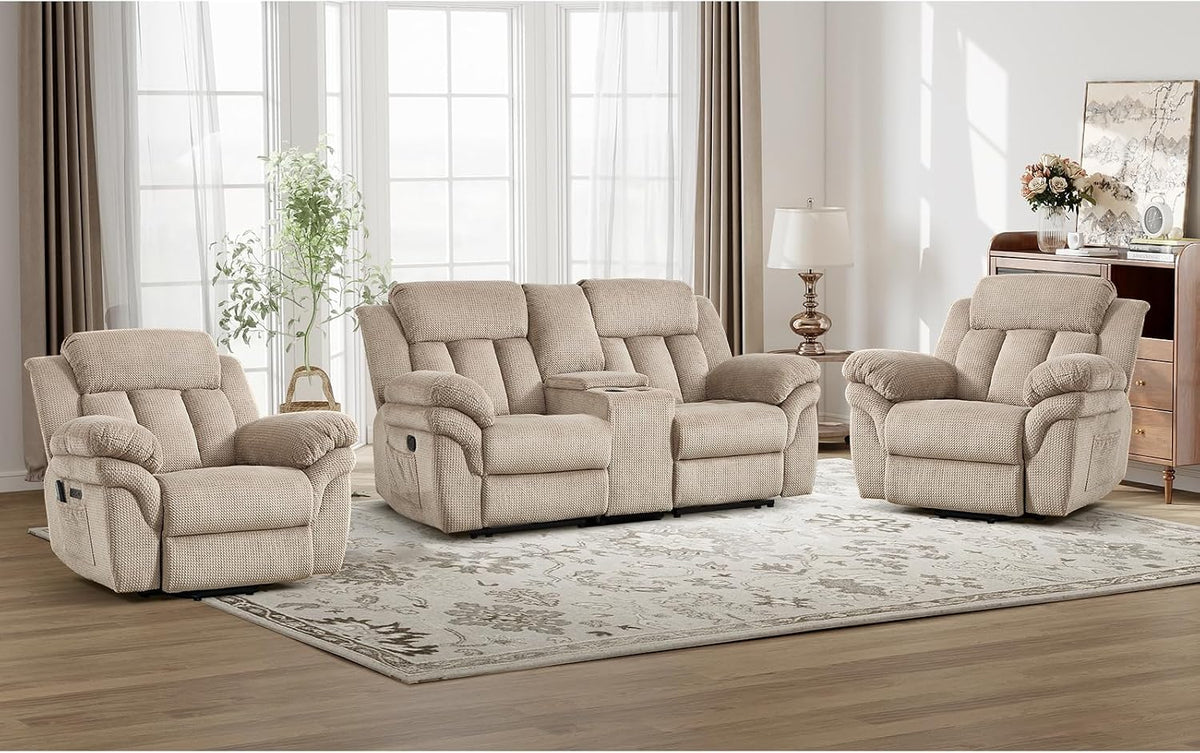 Three-piece light brown reclining sofa set arranged on a rug in a bright living room.
