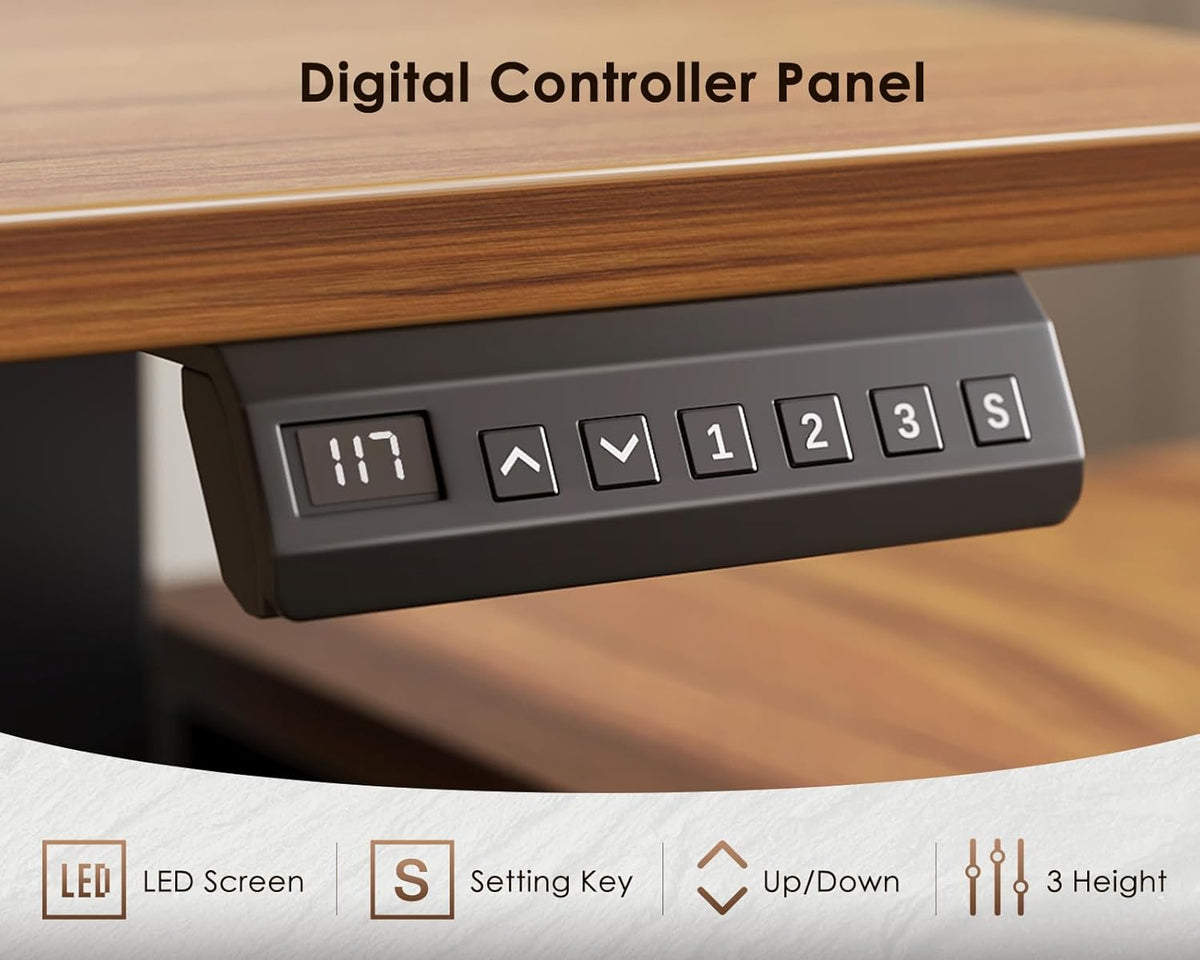 Close-up of black digital controller with LED display and numbered preset buttons mounted under desk