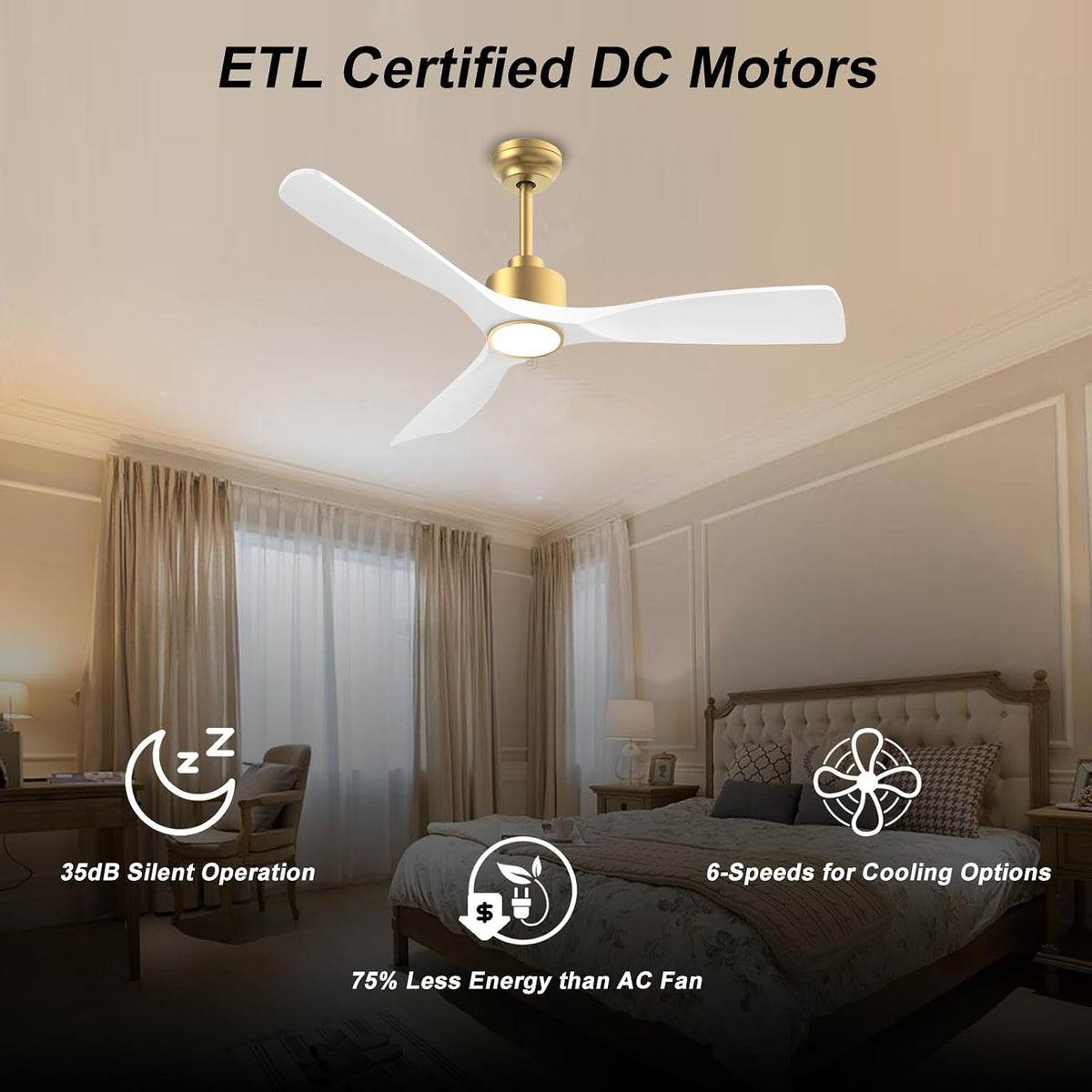 White three-blade ceiling fan with gold canopy installed in a bedroom interior, front view