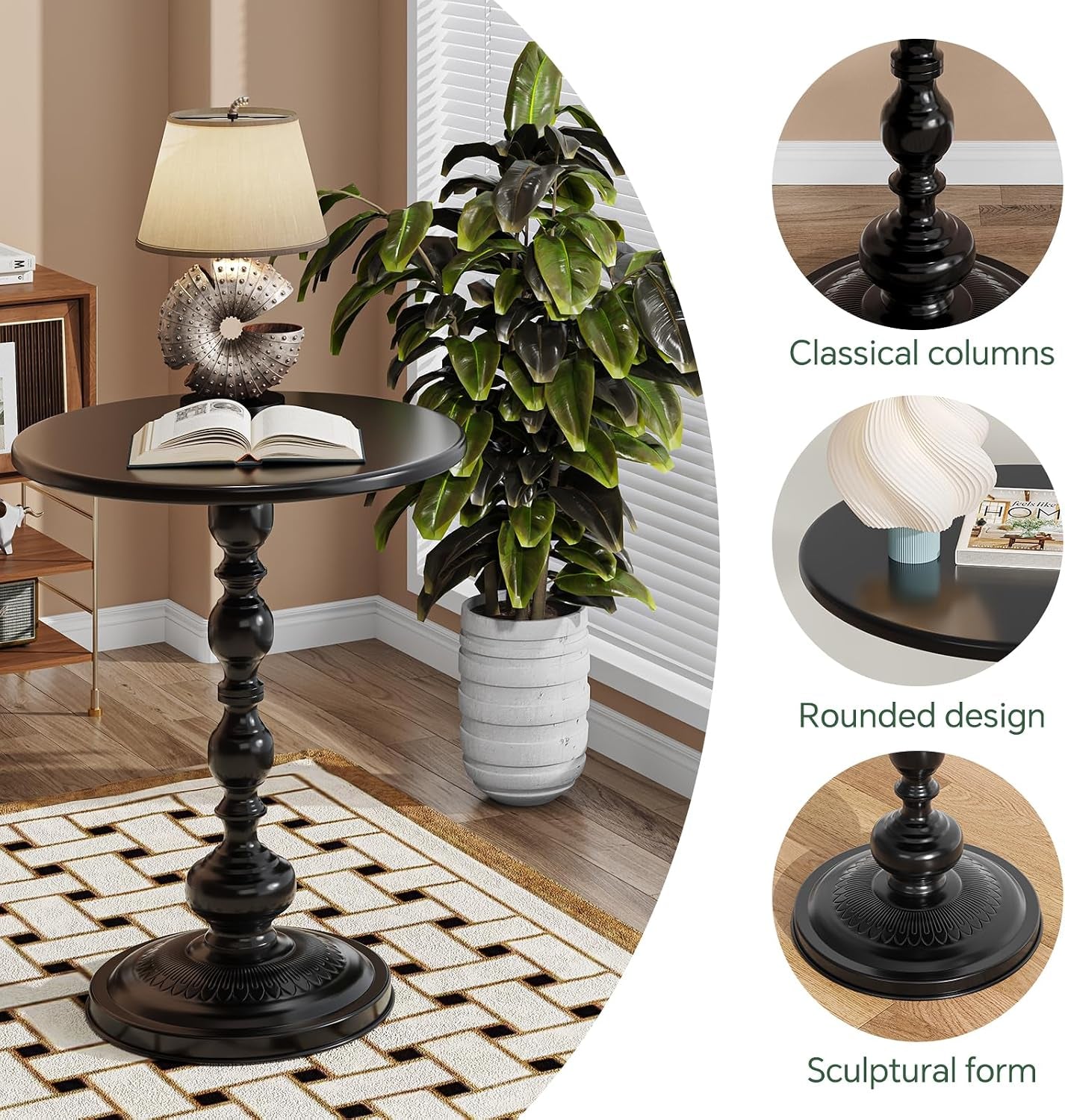 Black round side table highlighting the turned column, rounded tabletop edge and sculptural base
