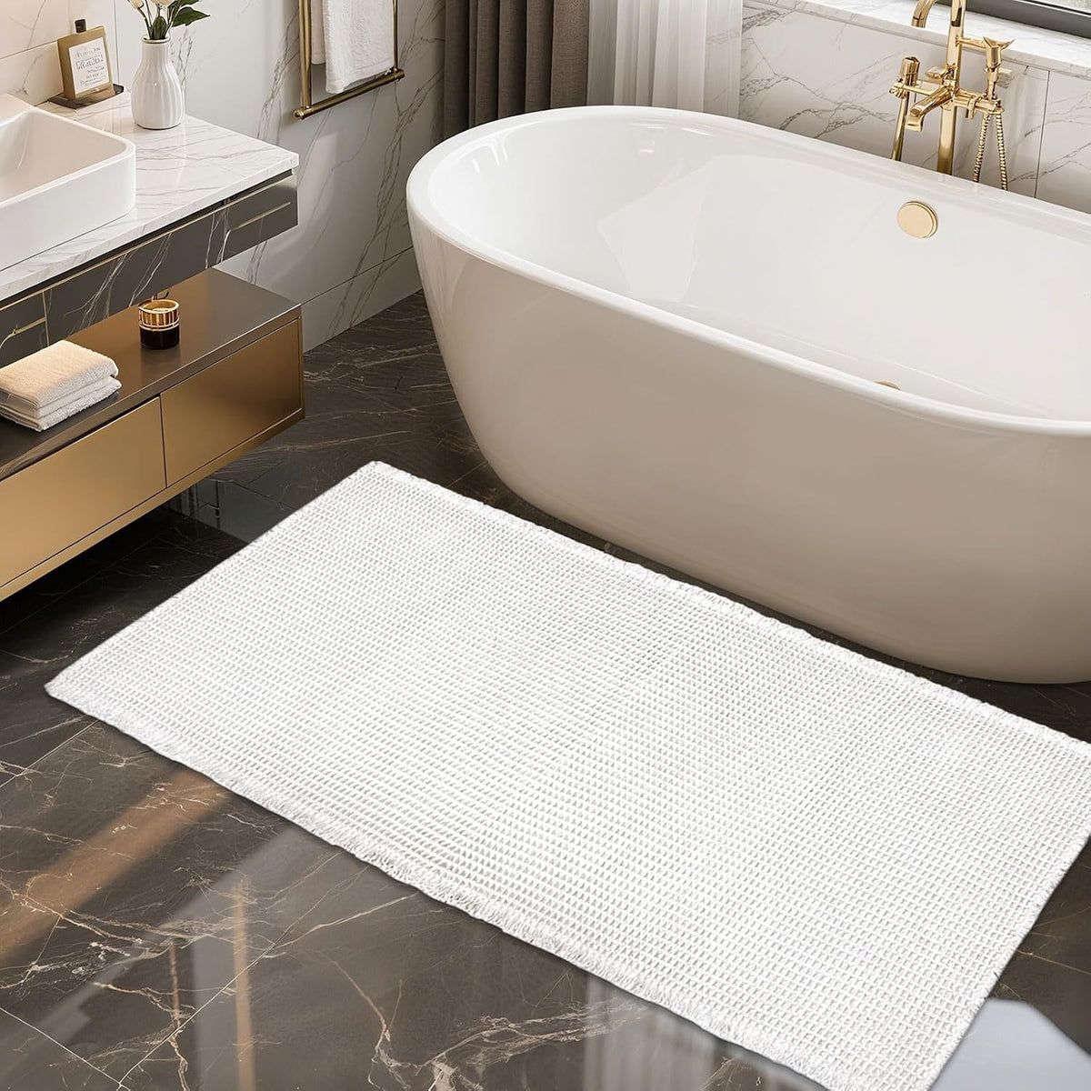 Crisp white waffle bath runner set next to a freestanding tub on reflective tile