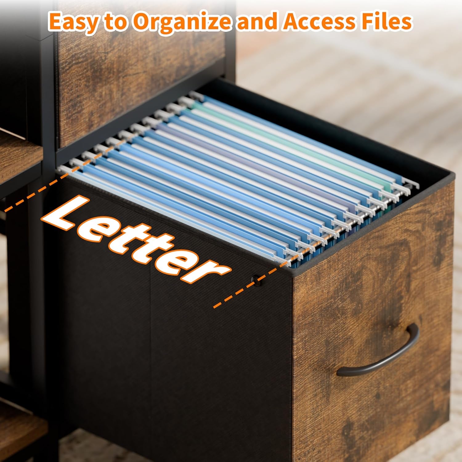 Open file drawer with wood-grain front showing hanging letter-size files inside and the drawer handle detail.