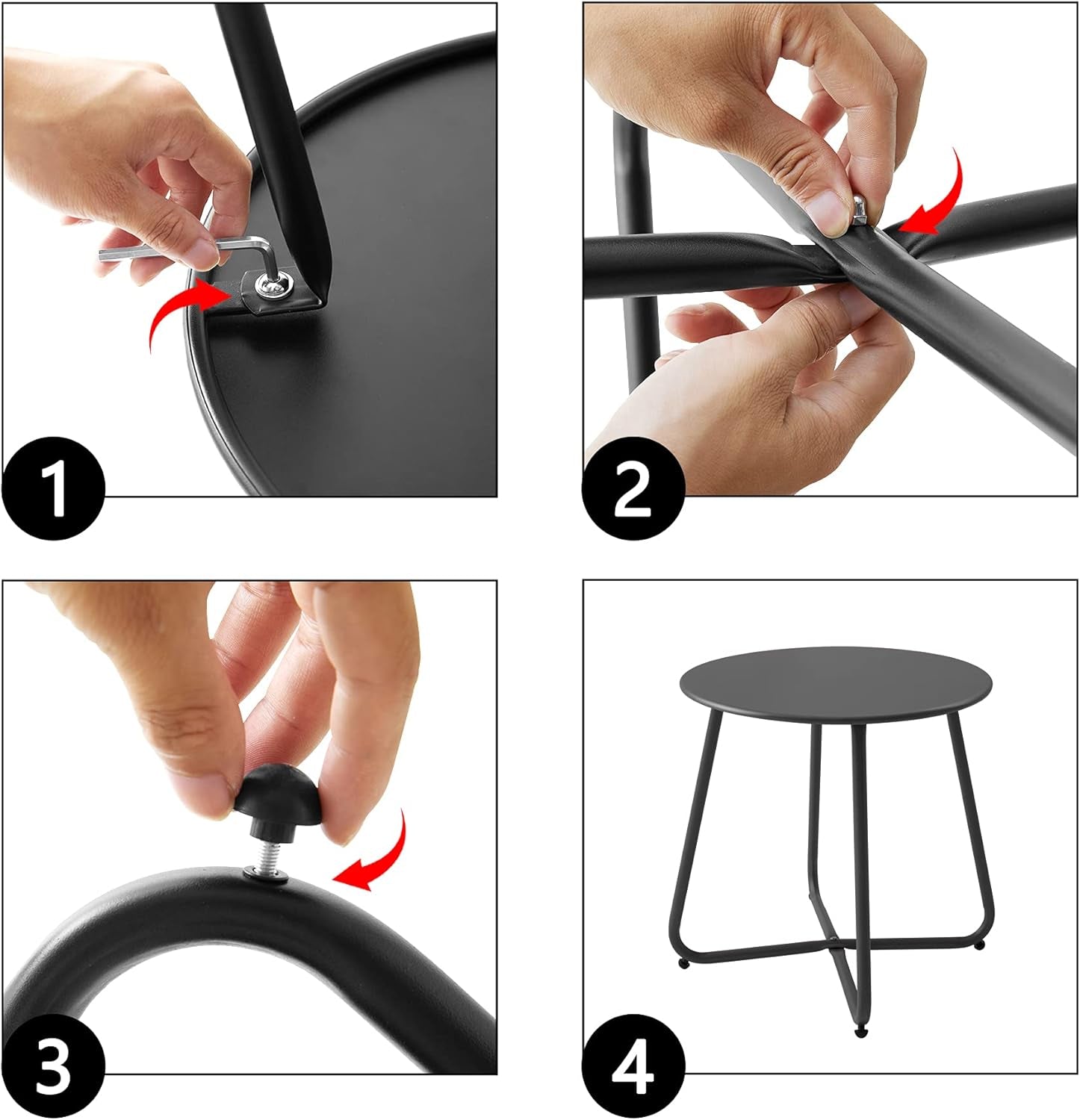 Four-step collage showing hands using an Allen wrench, tightening a bolt, attaching a foot cap, and finished table