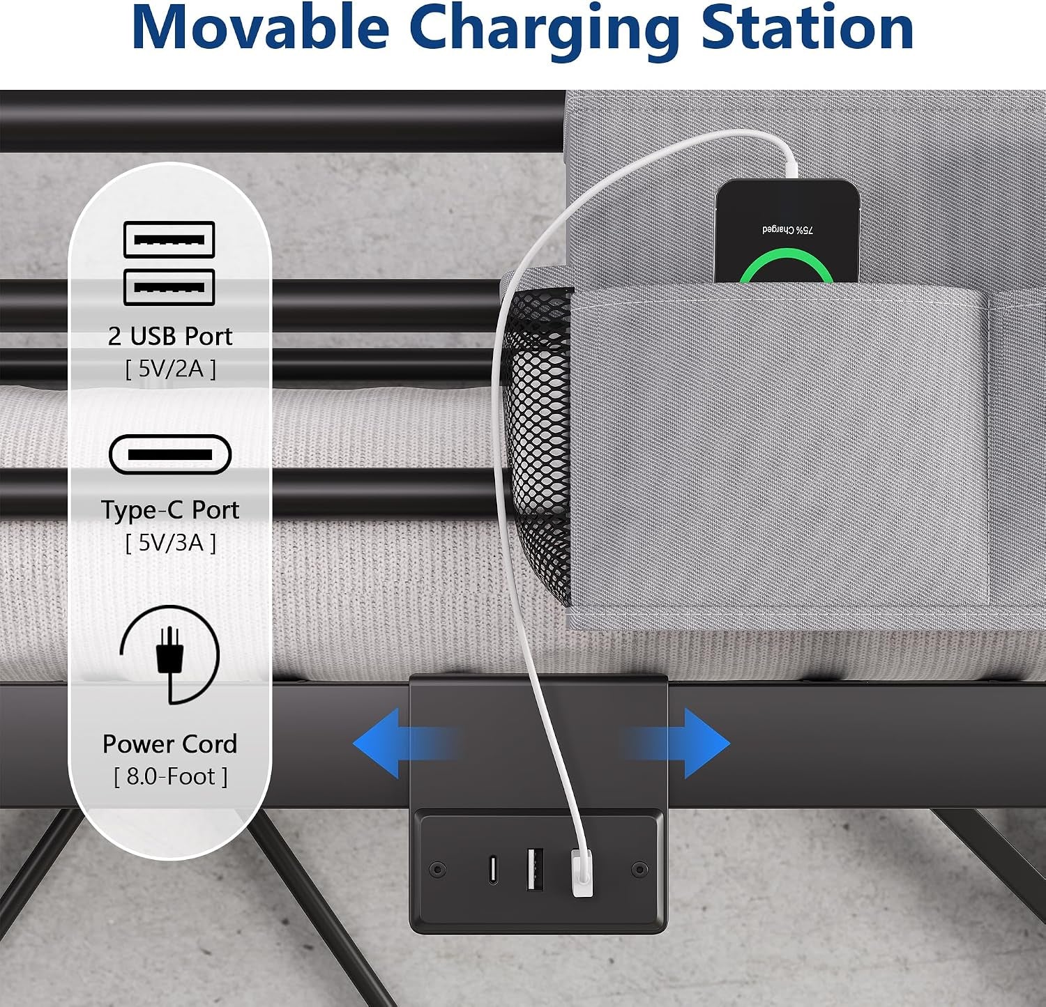 Close-up of movable charging station mounted to bed frame with USB and Type-C ports and fabric pocket above