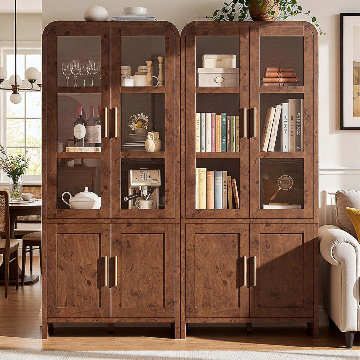 Tall dark oak pantry with glass upper doors and closed lower cabinets beside a dining area.