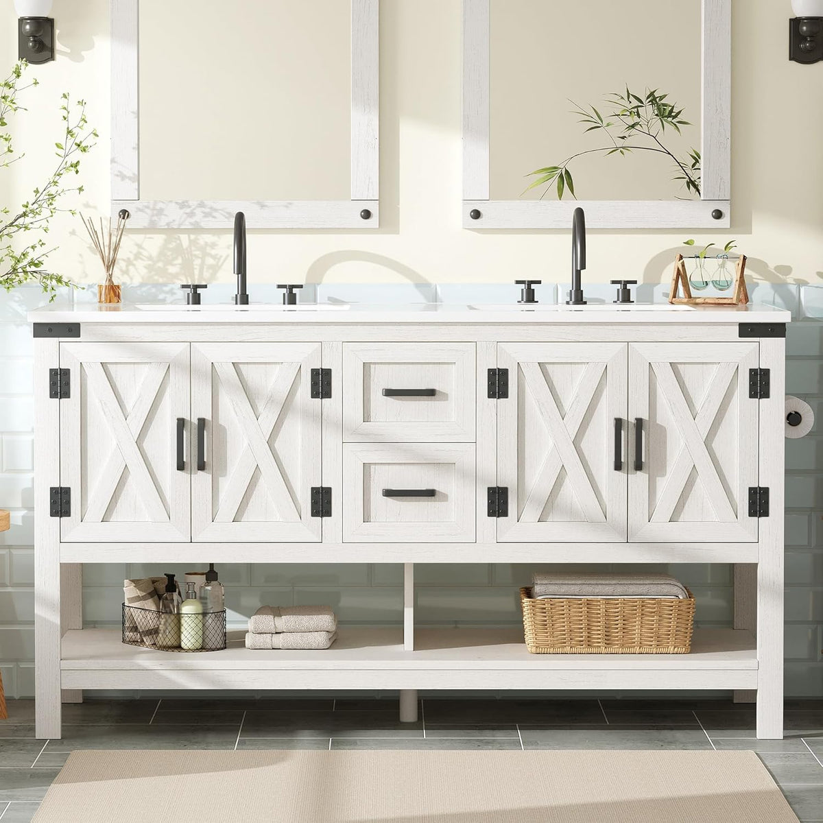 Wide double-sink white vanity with two mirrors, central drawers and open shelf holding baskets and towels