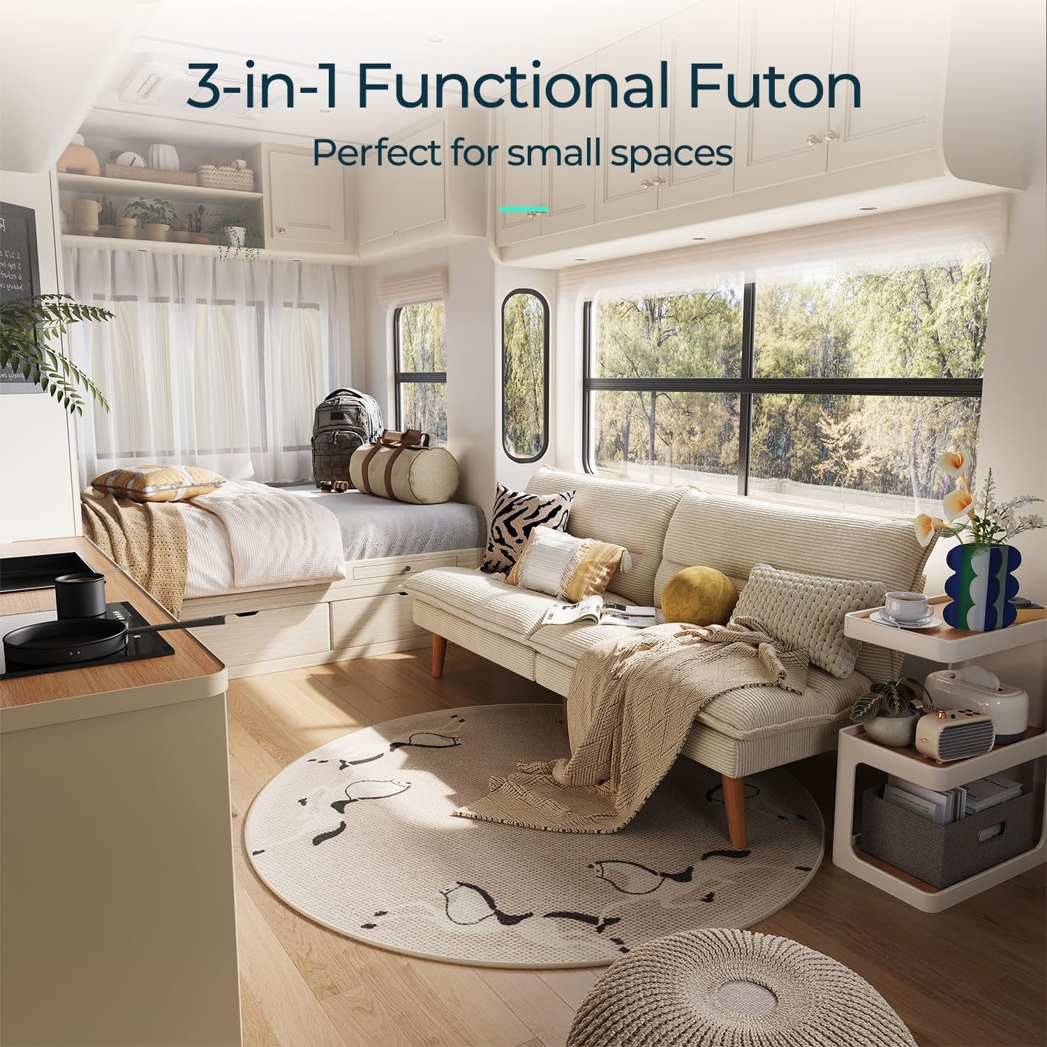 Beige corduroy 3-in-1 futon styled in a compact living space next to a round rug and window
