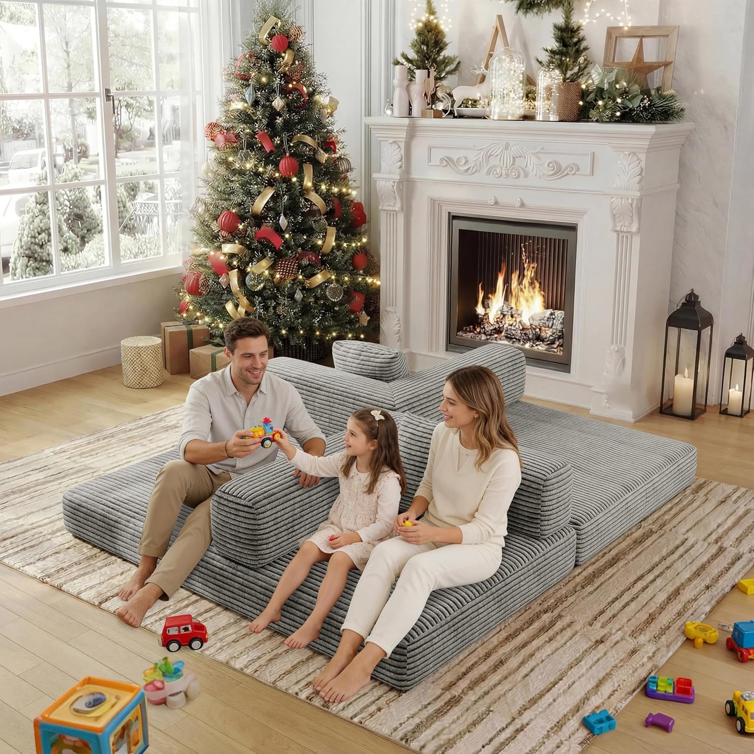 4 in 1 Convertible Sofas Boneless Couches with 2 Pillow, Modern Corduroy Futon Bed, Modular Queen Sofa with Pull-Out Bed, Loveseat for Living Room, Small Space Apartment 53.15" Double Sofa