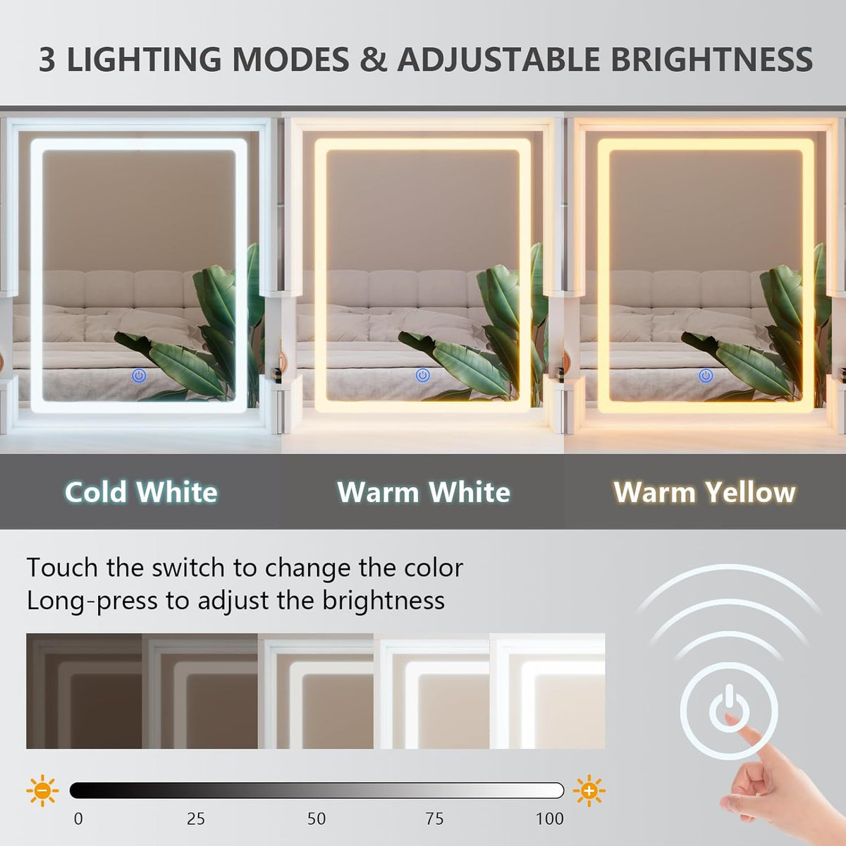 Three mirror lighting modes displayed side-by-side (cold white, warm white, warm yellow) with touch switch and brightness bar