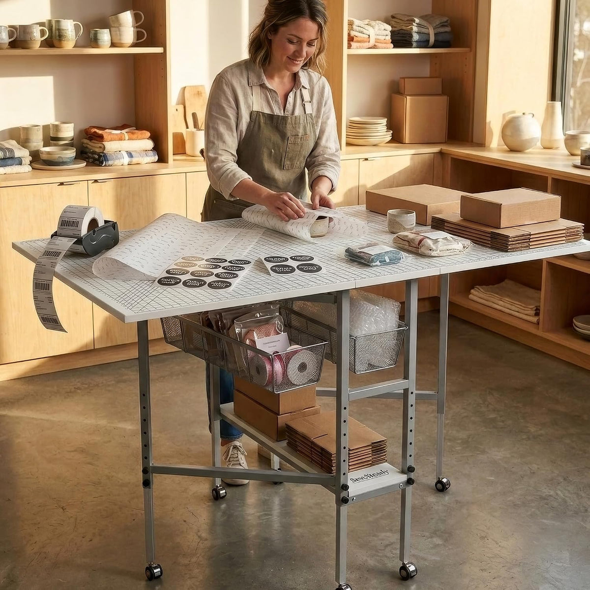 Woman wrapping packages on a craft table with a gridded top, mesh drawers and lower shelf in a sunlit studio.
