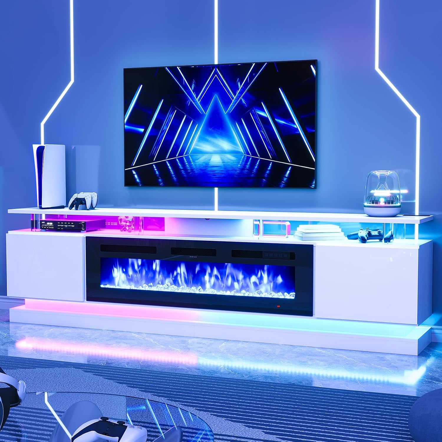 Wide view of a white modern TV stand with built-in electric fireplace and RGB lighting under a wall-mounted TV.