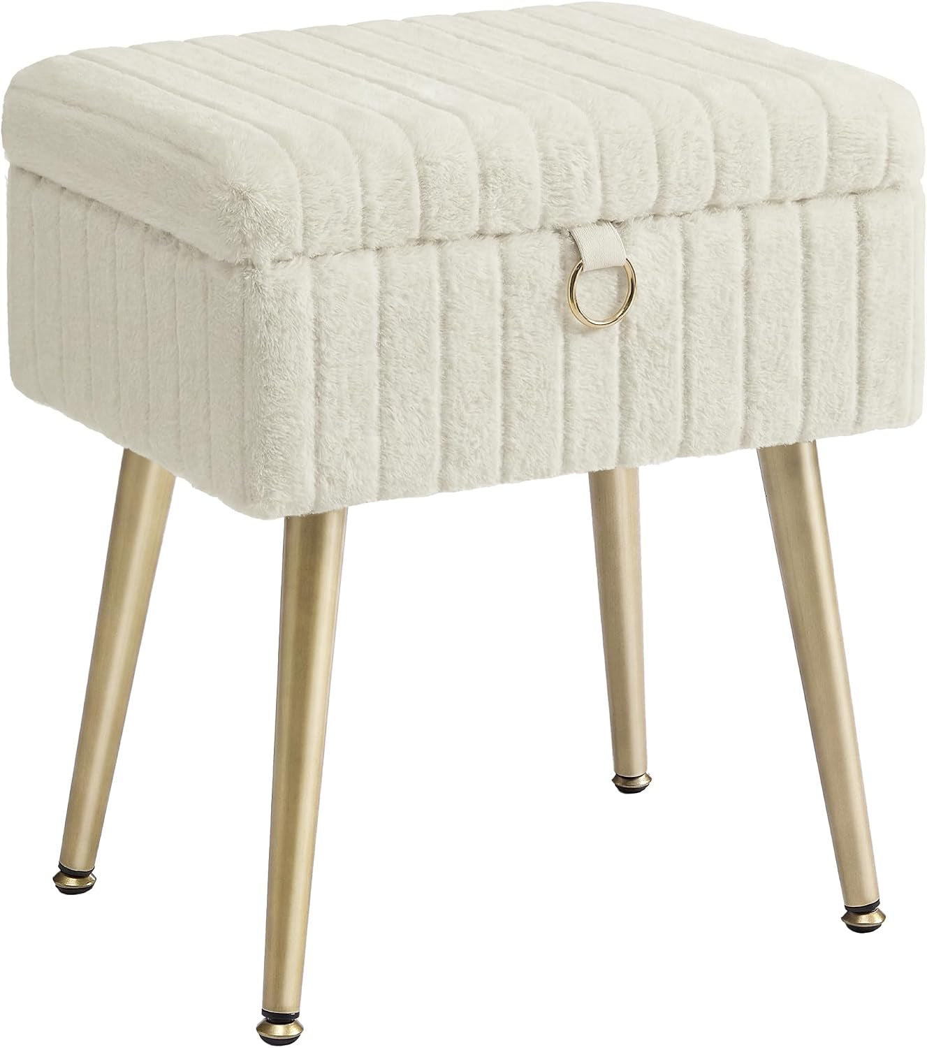 Three-quarter view of a cream short-pile plush vanity stool with vertical channeling and metallic tapered legs.