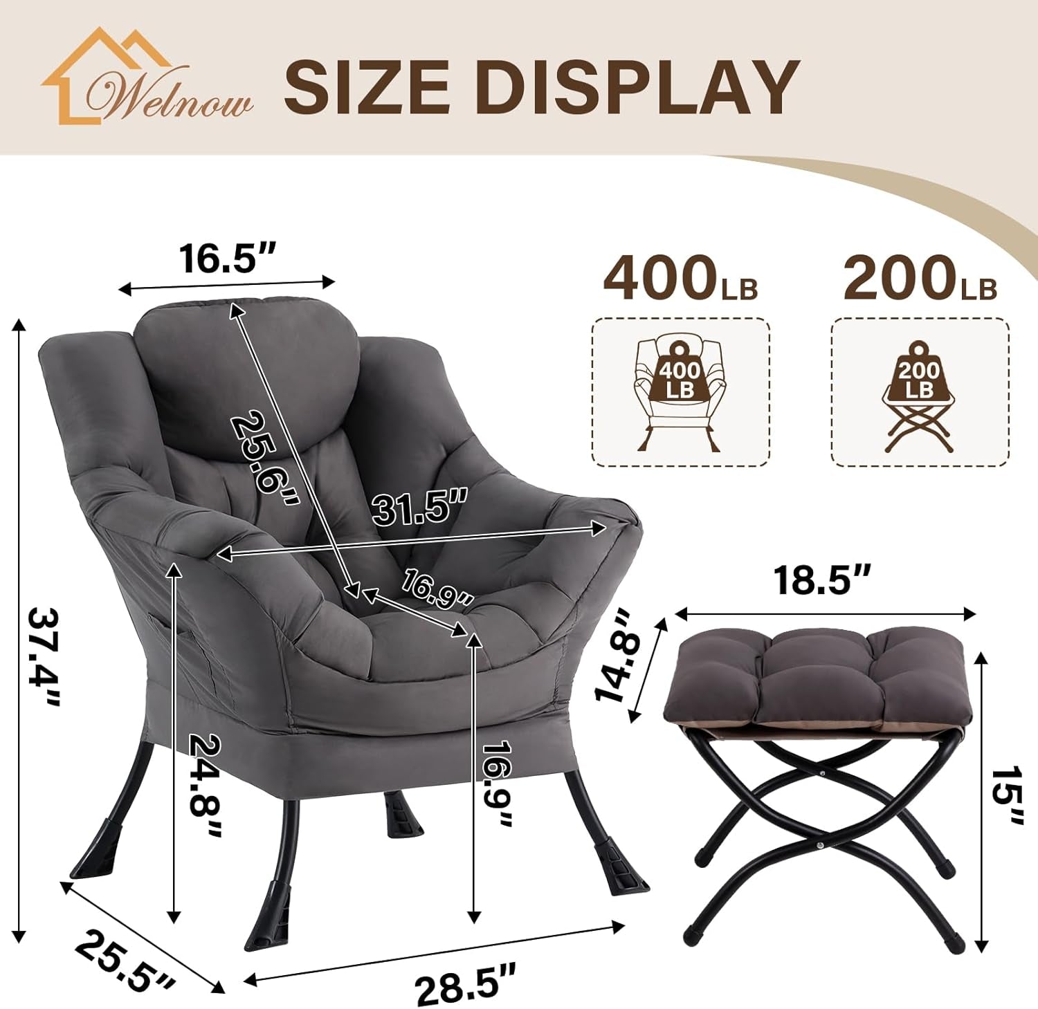 Diagram of dark grey lounge chair and ottoman with measurement arrows and labels