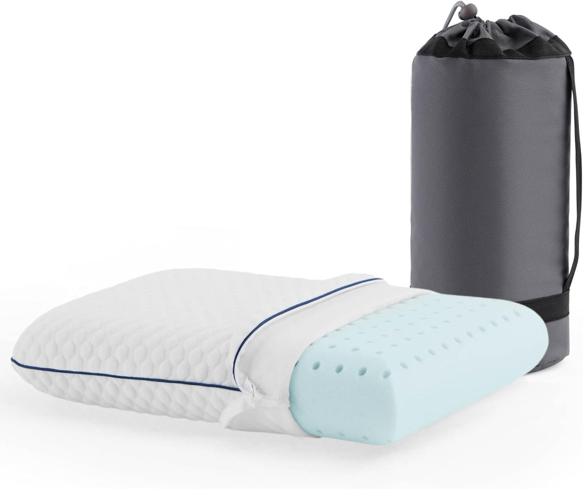 Low-angle side view of the pillow showing perforated light-blue foam and a tall gray cylindrical carry bag standing upright.